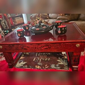 Bundle China Decor Porcelain tea set of 5 w/ Vintage Asian Rosewood Alter table